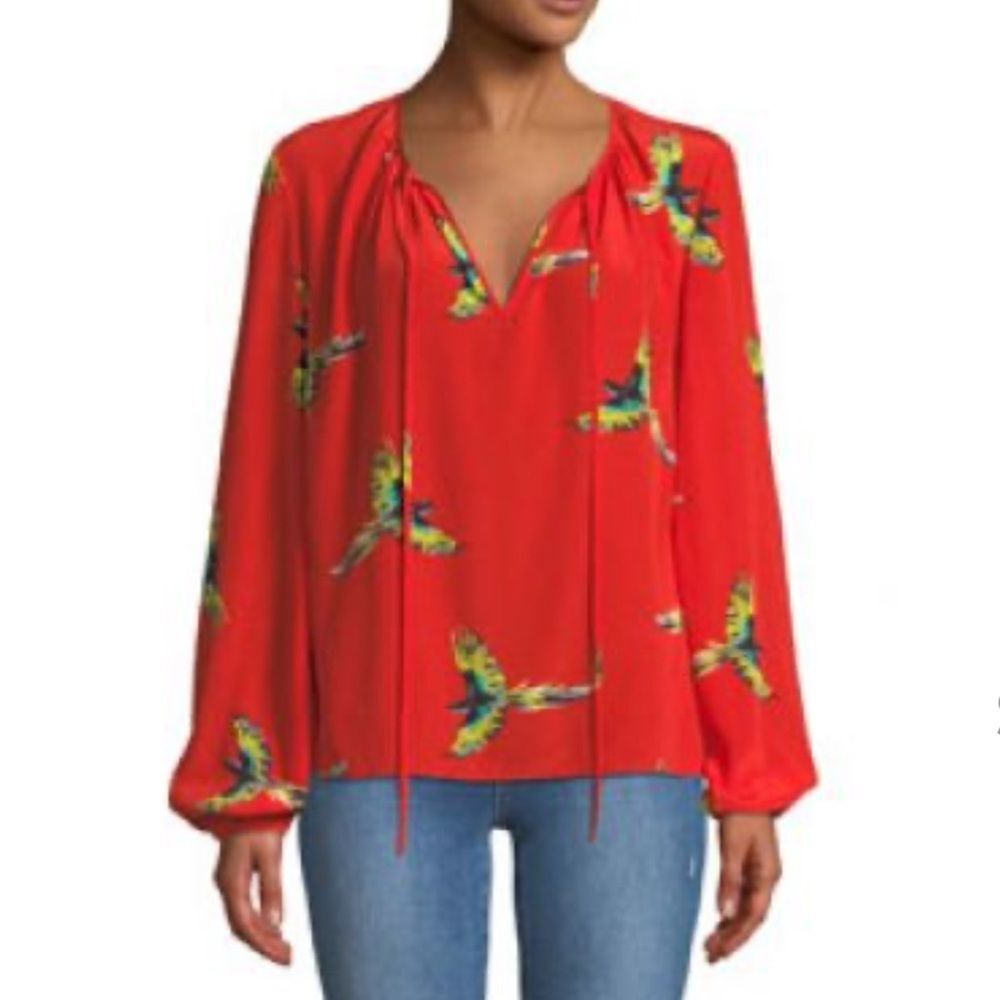 Diane von Furstenberg (DVF) Red Silk Blouse Women Sz 4 Aurora Bird Print